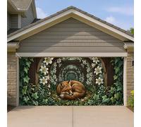 Copertura per porta del garage con volpe addormentata, elegante decorazione da giardino con animali del bosco, motivo floreale verde, decorazione primaverile per la casa all'aperto 400 x 180