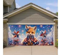 Copertura per porta del garage con volpi patriottiche, design colorato con animali fantasiosi, decorazioni con fiocco rosso, blu e bianco, decorazione estiva per esterni, 390 x 180 cm