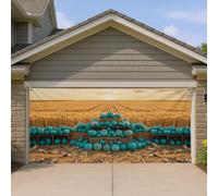 Copertura per porta del garage, con zucche autunnali rustiche orizzonti di campo autunnali turchese bandiera per porta del garage decorazione per la casa per portico patio cortile esterno feste 400 x