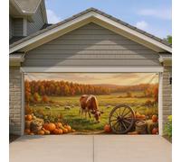 Copertura per porta del garage, con zucche naturali rustiche, ruote di carro, arancione, decorazione per la casa, per cortile, patio, esterno, interno, feste, sfondo, 400 x 180 cm
