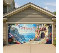 Copertura per porta del garage costiero mediterraneo, striscione per feste con scogliera blu oceano, grande decorazione estiva per esterni, decorazione murale per celebrazione del mare, 390 x 180 cm