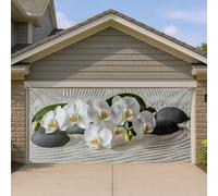 Copertura per porta del garage da giardino zen con orchidee, eleganti fiori bianchi, grandi decorazioni per porte del garage, decorazione rilassante per interni ed esterni, scena fiorita primaverile