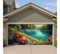Copertura per porta del garage da picnic con fiume tramonto, grande paesaggio naturale verde, decorazioni per porte del garage, decorazione estiva per la casa all'aperto, motivo floreale per tutte le