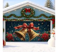 Copertura per porta del garage, decorazione vintage per le vacanze con nastro rosso e campane dorate, decorazioni festive per interni ed esterni per vacanze invernali, 400 x 180 cm