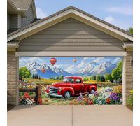Copertura per porta del garage del camion dell'annata rossa, grande fattoria all'aperto montagna paesaggio, decorazione estiva per feste in mongolfiera, decorazione per cortile 390 x 180 cm