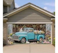 Copertura per porta del garage del camion vintage primaverile, decorazione rustica blu pasquale sfondo floreale per interni ed esterni, decorazione per le vacanze, 390 x 180 cm