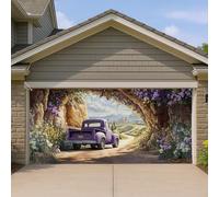 Copertura per porta del garage del camion vintage viola, grande decorazione floreale per esterni, sfondo con paesaggio naturale, per feste in giardino primaverile, 390 x 180 cm