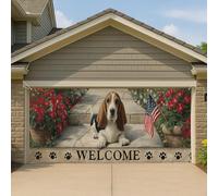 Copertura per porta del garage del giardino dei fiori di Basset Hound patriottico, grande decorazione per esterni di benvenuto, decorazione per feste primaverili ed estive, 390 x 180