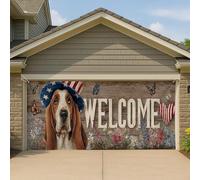 Copertura per porta del garage del giardino del cane patriottico, floreale vintage basset hound, grande decorazione per garage, decorazione per feste all'aperto primaverile ed estate, 390 x 180 cm