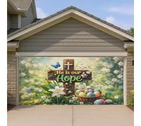 Copertura per porta del garage del giardino pasquale, design floreale primaverile colorato con croce della speranza, decorazione per esterni per feste primaverili e pasquali, 400 x 180 cm