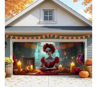Copertura per porta del garage del giorno dei morti, decorazione colorata a forma di teschio di zucchero, 2,1 x 2,4 m, decorazione per feste di Halloween, sfondo per feste autunnali, 400 x 180 cm