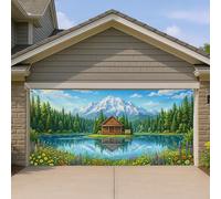 Copertura per porta del garage del lago di montagna, design rustico del paesaggio della cabina per la decorazione esterna, scena naturale vibrante per la primavera e l'estate, 400 x 180 cm