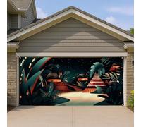 Copertura per porta del garage del paradiso tropicale, grandi decorazioni per esterni a tema spiaggia, illustrazione del cielo notturno per divertimento estivo, design giardino esotico, 390 x 180 cm