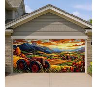 Copertura per porta del garage del trattore al tramonto della fattoria, grande decorazione vintage rustica per garage, decorazione estiva per feste all'aperto, 390 x 180 cm