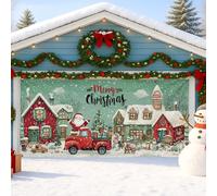 Copertura per porta del garage del villaggio innevato di Natale, decorazioni vintage per le vacanze, decorazione natalizia rossa e verde, decorazione natalizia per interni ed esterni, 390 x 180 cm