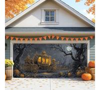 Copertura per porta del garage della carrozza di zucca di Halloween, design vintage nero delle fiabe, grandi decorazioni per porte del garage, decorazione autunnale per feste all'aperto 400 x 180 cm