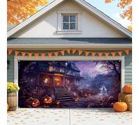 Copertura per porta del garage della casa infestata spettrale, decorazioni vintage viola di Halloween, grande decorazione per sfondo per feste di Halloween, decorazione autunnale per interni ed