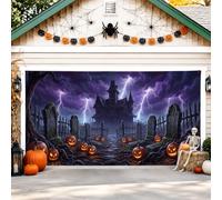 Copertura per porta del garage della casa infestata, spettrale gotico zucche lapidi Halloween viola copertura da parete per garage per feste decorazione per la casa per cortile esterno interno sfondo
