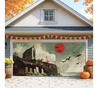 Copertura per porta del garage della casa infestata spettrale rossa vintage cimitero decorazioni di Halloween, decorazione autunnale per interni ed esterni, sfondo per feste 400 x 180 cm