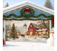 Copertura per porta del garage della fattoria invernale, decorazione rustica rossa per garage, decorazione natalizia per interni ed esterni, 390 x 180 cm