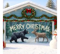Copertura per porta del garage della fauna selvatica invernale, scena natalizia con orso e cervo, grande decorazione per porte del garage, decorazione per interni ed esterni, 390 x 180 cm