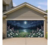 Copertura per porta del garage della foresta al chiaro di luna, paesaggio notturno con fiori e impronte di zampe, arte decorativa per esterni per autunno e inverno, 400 x 180 cm