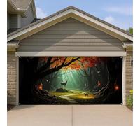 Copertura per porta del garage della foresta autunnale, design scenico di cervi e volpi, toni caldi della terra, decorazione autunnale per esterni, decorazione a tema natura stagionale, 400 x 180 cm