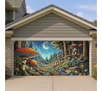 Copertura per porta del garage della foresta incantata, grandi decorazioni per esterni con funghi fantasy, arte magica della natura per le stagioni primaverili ed estive, 400 x 180 cm