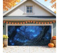 Copertura per porta del garage della foresta mistica, decorazioni blu fantasiose di Halloween, grande decorazione autunnale all'aperto per feste di Halloween e celebrazioni autunnali 400 x 180 cm