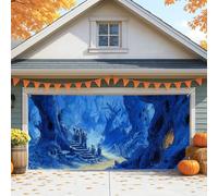 Copertura per porta del garage della foresta mistica, grande decorazione blu per porte del garage, decorazione per interni ed esterni per feste di Halloween, 390 x 180 cm