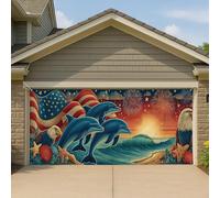 Copertura per porta del garage della spiaggia del delfino patriottico, grande striscione per garage per il giorno dell'indipendenza, decorazione estiva per esterni, 390 x 180 cm