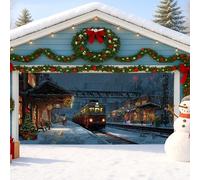 Copertura per porta del garage della stazione ferroviaria invernale, grande scena natalizia vintage, decorazione per porte del garage, decorazione per feste natalizie per interni ed esterni, 390 x 180