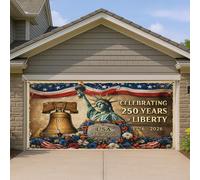 Copertura per porta del garage, design patriottico vintage con statua e campana, decorazione per il giorno dell'indipendenza degli Stati Uniti 250 anni, 390 x 180 cm