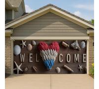 Copertura per porta del garage di benvenuto nautico, decorazione a forma di cuore fatta a mano rossa e blu, decorazione per garage rustica costiera, grande striscione per garage, decorazione estiva