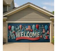 Copertura per porta del garage di benvenuto patriottica, grande decorazione rossa e blu a stella, decorazione per feste all'aperto, 390 x 180 cm