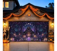 Copertura per porta del garage di Halloween a tema tenda mistica della | Tema della foresta delle streghe, bandiera della porta del garage, bottiglie di cristallo mistiche, fasi lunari