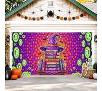 Copertura per porta del garage di Halloween con cappello da strega e | Accenti spettrali dello spirito, decorazioni per porte del garage, libri magici di incantesimi, vivace motivo a pois