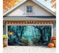 Copertura per porta del garage di Halloween, foresta mistica con pipistrelli e lanterne, grande decorazione per porte del garage, decorazione per feste autunnali all'aperto, 390 x 180 cm
