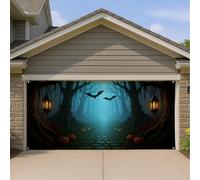Copertura per porta del garage di Halloween, foresta spettrale con lanterne, colore blu scuro e nero, decorazione esterna per la stagione autunnale e feste di Halloween, 400 x 180 cm