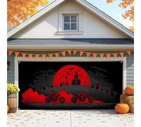 Copertura per porta del garage di Halloween, luna rossa spettrale e cimitero di moto, decorazioni per porte del garage, decorazione autunnale per interni ed esterni, sfondo per feste di festa, 390 x