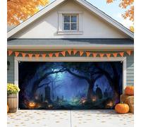 Copertura per porta del garage di Halloween, scena mistica del cimitero, grande decorazione per porte del garage, decorazione per feste di Halloween all'aperto autunnale, 390 x 180 cm