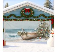 Copertura per porta del garage di Natale costiera, scena di mare vintage con barca e gabbiani, decorazione invernale per esterni, decorazione stagionale per le festività, 400 x 180 cm
