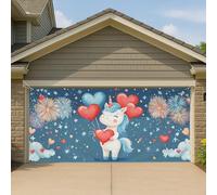 Copertura per porta del garage di San Valentino con unicorno in stile cartone animato, cuore rosso blu e rosso, grande decorazione per garage, decorazione magica per interni ed esterni per feste nel