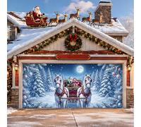 Copertura per porta del garage disegnato con Babbo Natale e cavallo, 390 x | Babbo Natale e la signora Claus, bandiera della porta del garage, foresta invernale innevata, carrozza di cavalli