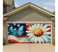 Copertura per porta del garage estivo americano, grande farfalla patriottica e fiore, decorazione per esterni, decorazione stagionale per il giorno dell'indipendenza, 390 x 180 cm