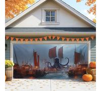 Copertura per porta del garage fantasia nautica, grande design polpo blu per Halloween e decorazioni all'aperto autunnali, perfetta per feste stagionali, 400 x 180 cm