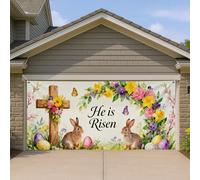 Copertura per porta del garage floreale pasquale, design vintage con coniglietto primaverile e croce, decorazione decorativa colorata per esterni, decorazione primaverile per vacanze e celebrazioni
