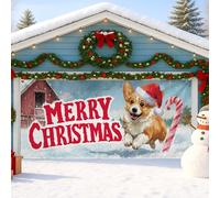 Copertura per porta del garage, grazioso cane Corgi con scritta "Merry Christmas", decorazione invernale per interni ed esterni, decorazione per feste invernali, 390 x 180 cm