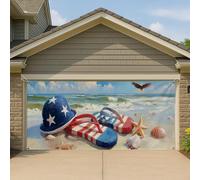 Copertura per porta del garage in stile spiaggia patriottica, infradito con stelle americane, grandi decorazioni per garage, festa dell'indipendenza estiva per interni ed esterni, 400 x 180 cm