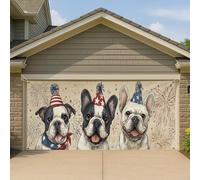 Copertura per porta del garage, motivo: bulldog francese patriottico, rosso, bianco e blu, decorazione per feste vintage, 390 x 180 cm
